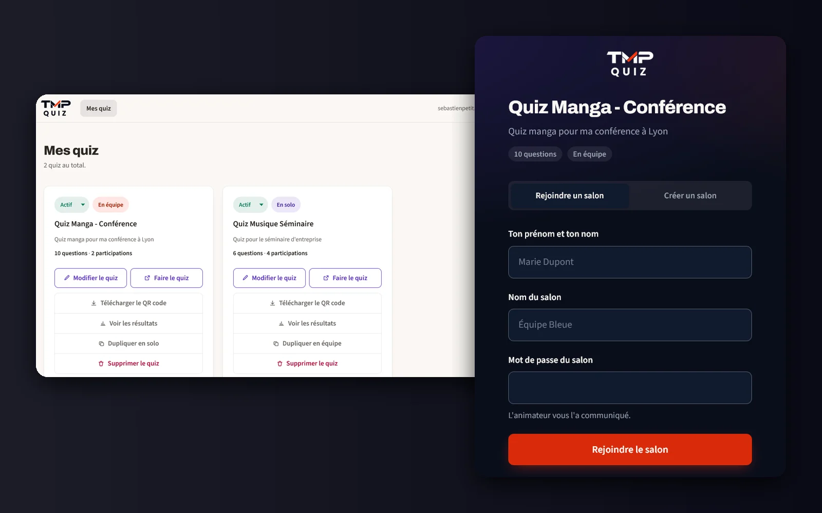 Aperçu du projet TMP Quiz | Quiz événementiel par QR code